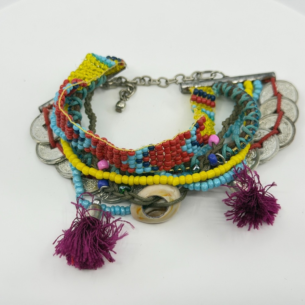 Boho Multi-Strand Statement Bracelet Beaded Coin Tassel Layered Stack Festival